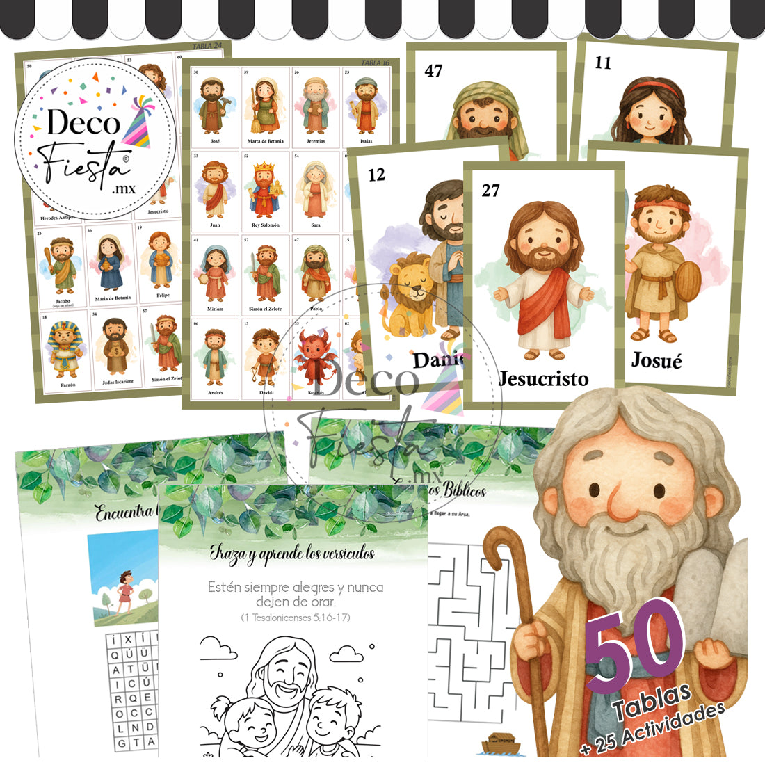 Kit Lotería Cristiana / Católica Personajes Bíblicos 50 Tablas + 25 Actividades, PDF Imprimible